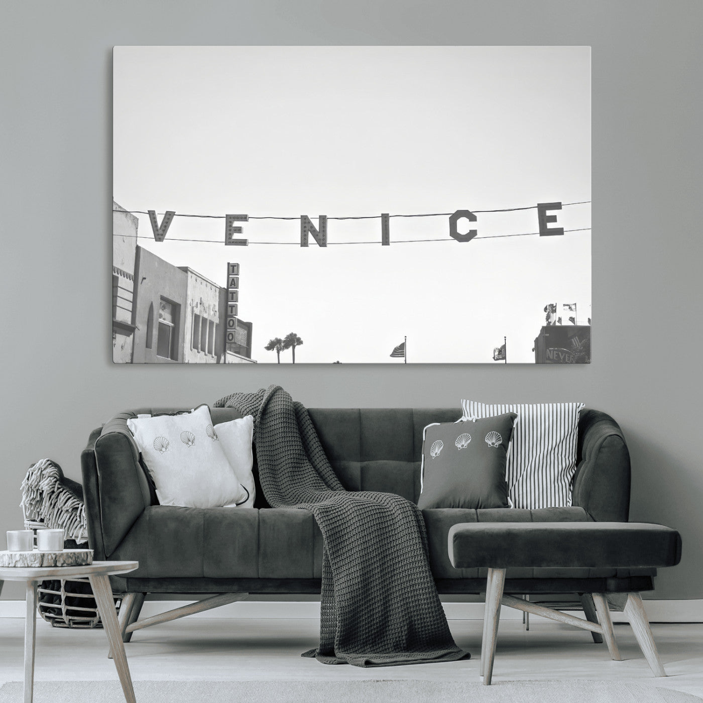Black and white photo of Venice Beach sign and palm-lined street, perfect for urban coastal or minimalist LA-inspired wall decoration.
