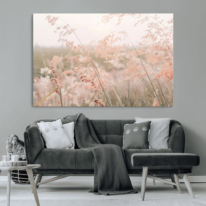 Soft pastel field with wild grasses in warm light, ideal for minimal nature or airy countryside-inspired interior wall decoration.