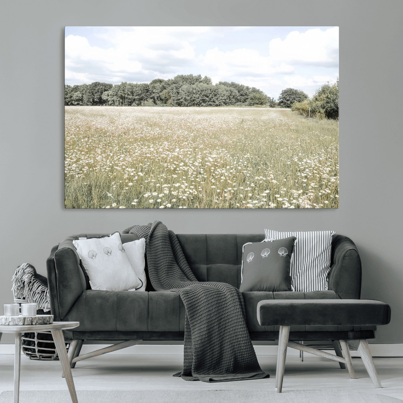 Soft-toned image of a wild daisy field under a cloudy sky, ideal for neutral or Scandinavian-inspired home decor.