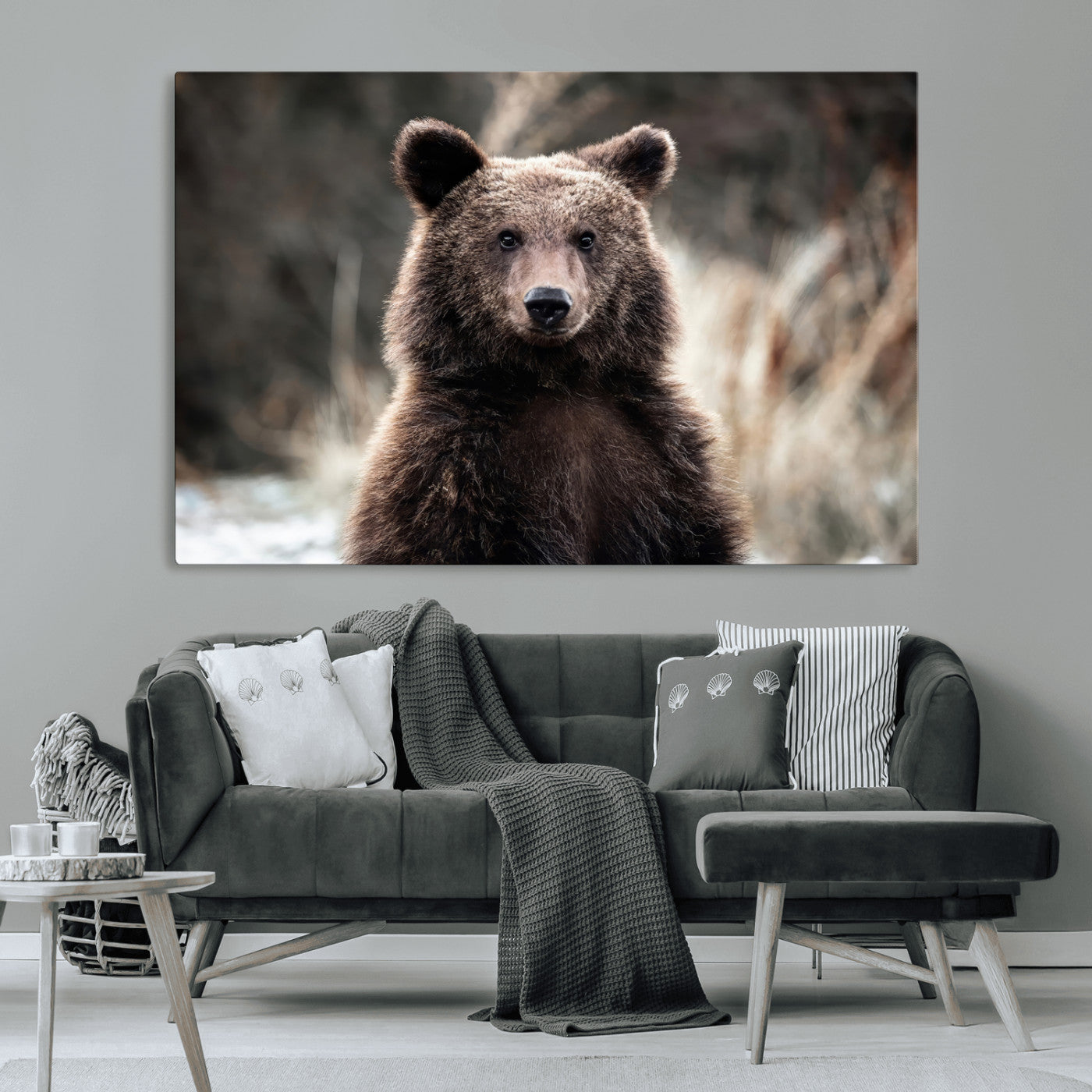Canvas of a brown bear in soft earthy tones and moody forest light, ideal for rustic cabin or woodland nature-themed home decor.