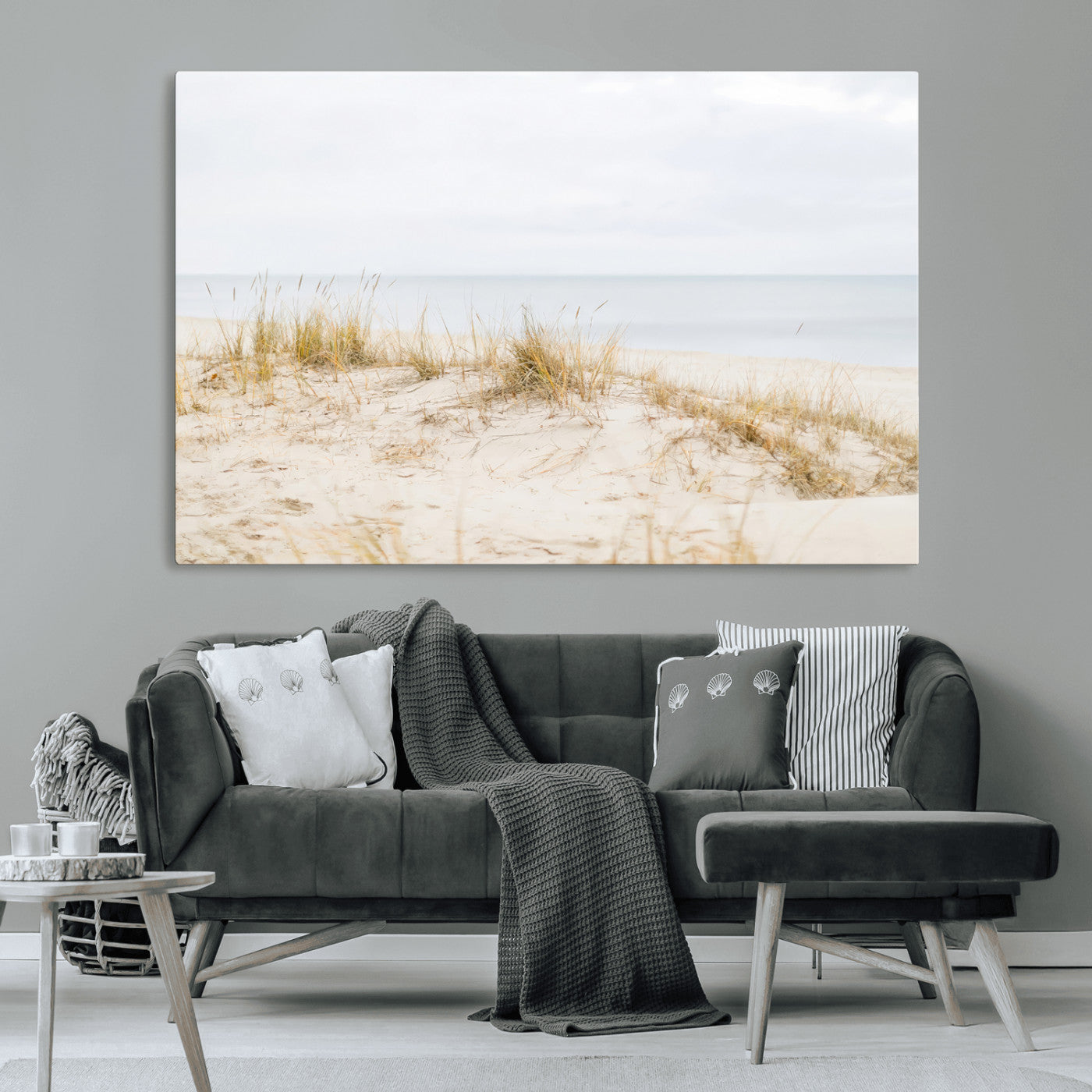 Canvas of soft beach dunes and coastal grasses in neutral tones, perfect for Scandinavian coastal or minimalist nature-inspired home decor.   2/2