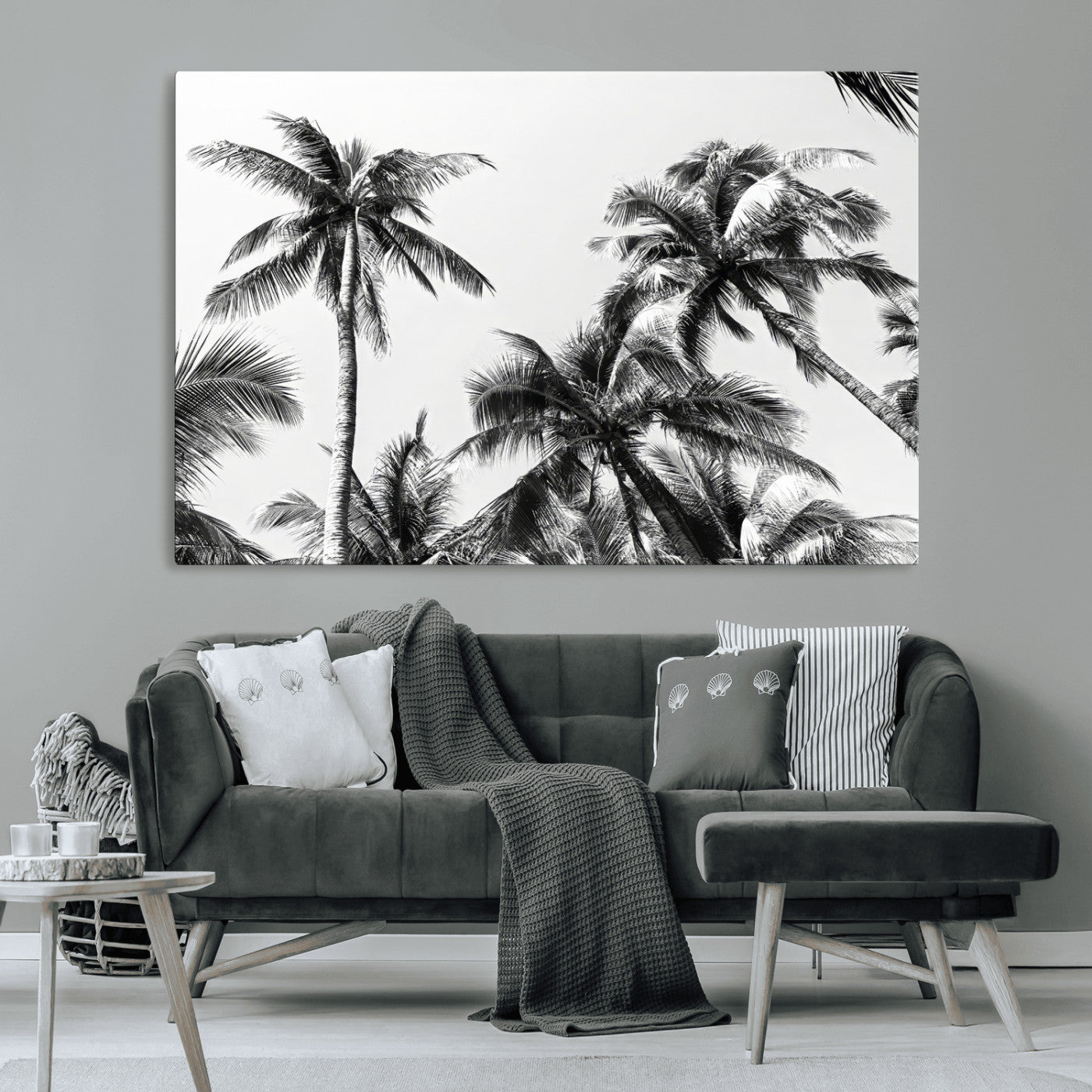 Black and white canvas of tall palm trees in moody tones, perfect for modern tropical minimalist or coastal-style home decor.