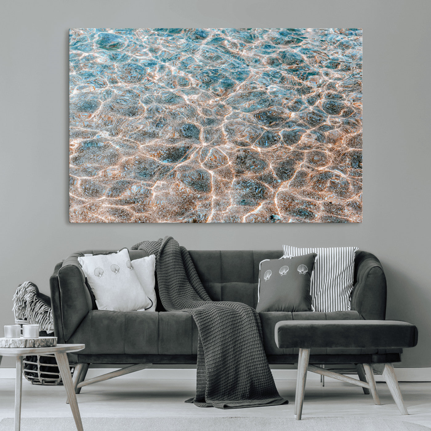 Close-up of sunlit ocean ripples with aqua blue and golden tones, ideal for modern coastal or minimalist home decor.