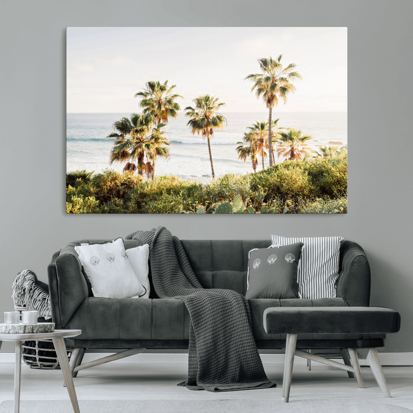 Framed print of sunlit palm trees on the California coast with warm tones, perfect for coastal minimalist or beach-style home decor.