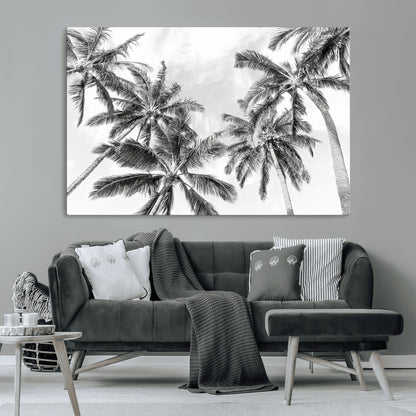 Black and white tropical palm trees viewed from below, swaying gently against a bright sky, creating a serene and elegant coastal atmosphere.
