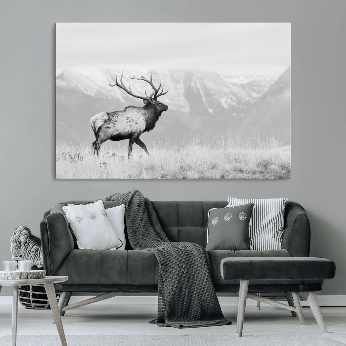 Black and white photograph of a majestic elk standing in a grassy field with snow-capped mountains in the background, creating a bold and rustic wilderness scene.