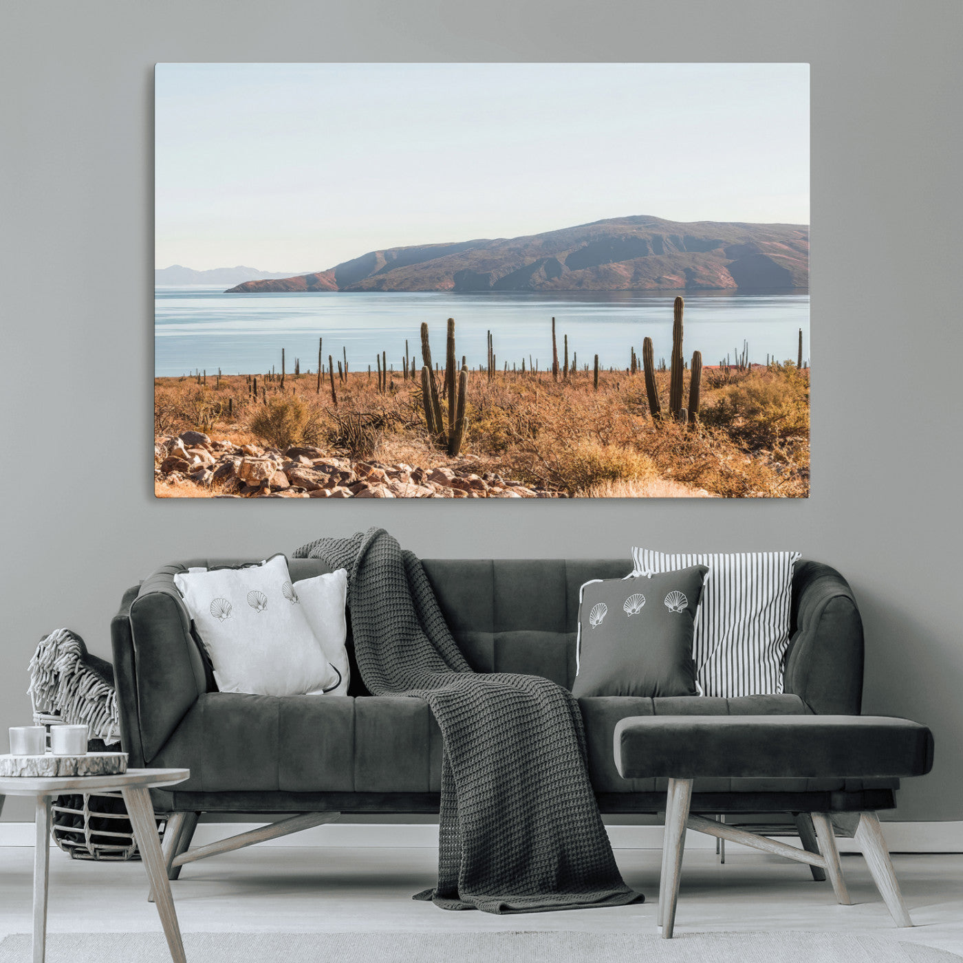 Warm desert landscape with cacti and coastal mountains, perfect for southwestern or earthy calm-themed home wall decor.