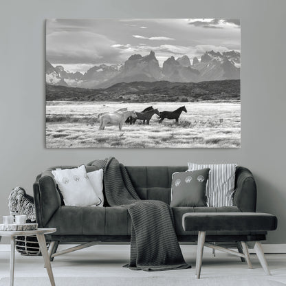 A black and white landscape of wild horses grazing in a vast grassland with towering mountains in the background, creating a moody and rustic western aesthetic.