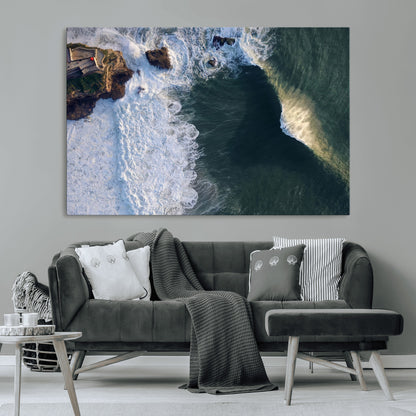 Canvas showing an aerial view of crashing waves along the Nazaré coastline, perfect for dramatic coastal or ocean-themed home decor.