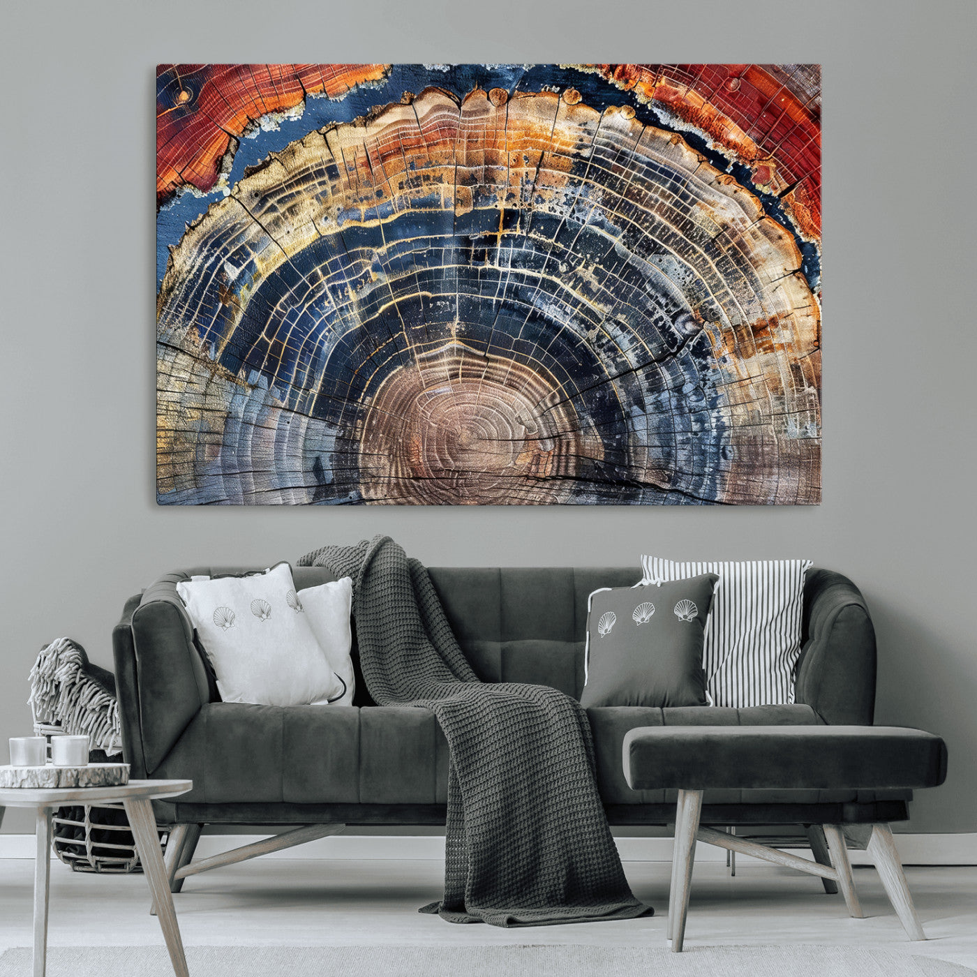 Vibrant tree ring with orange, brown, and blue tones in abstract detail, perfect for rustic or boho-inspired wall decor.