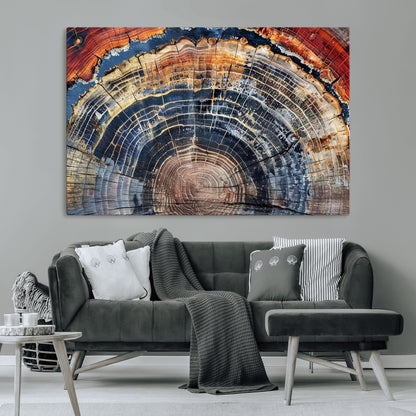 Vibrant tree ring with orange, brown, and blue tones in abstract detail, perfect for rustic or boho-inspired wall decor.