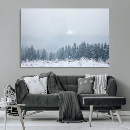 Snow-covered forest under misty sky, soft light breaking through clouds, ideal for minimalist or Nordic-inspired home decor.