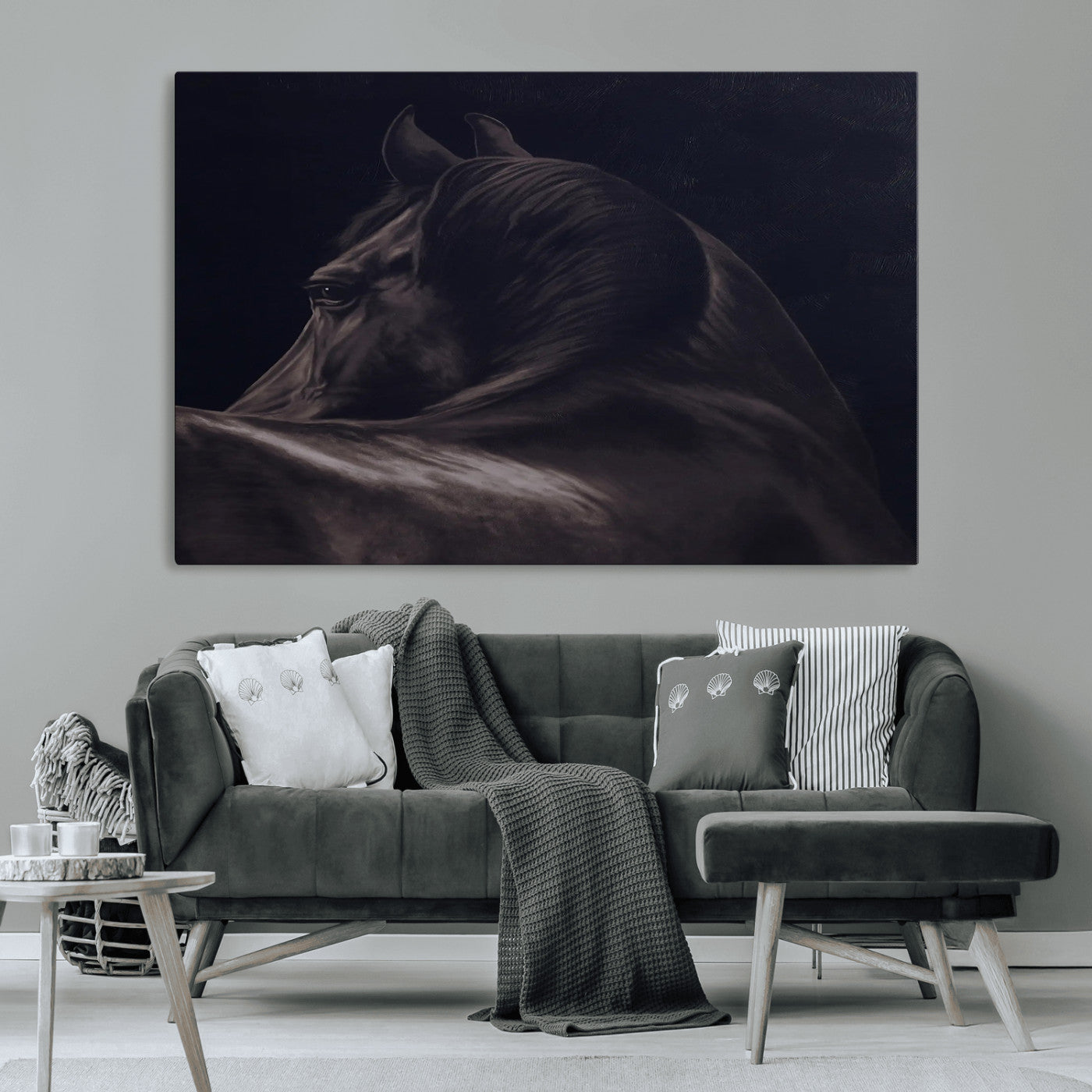 Close-up of a black horse with dramatic lighting on a dark background, perfect for rustic or masculine home decor.