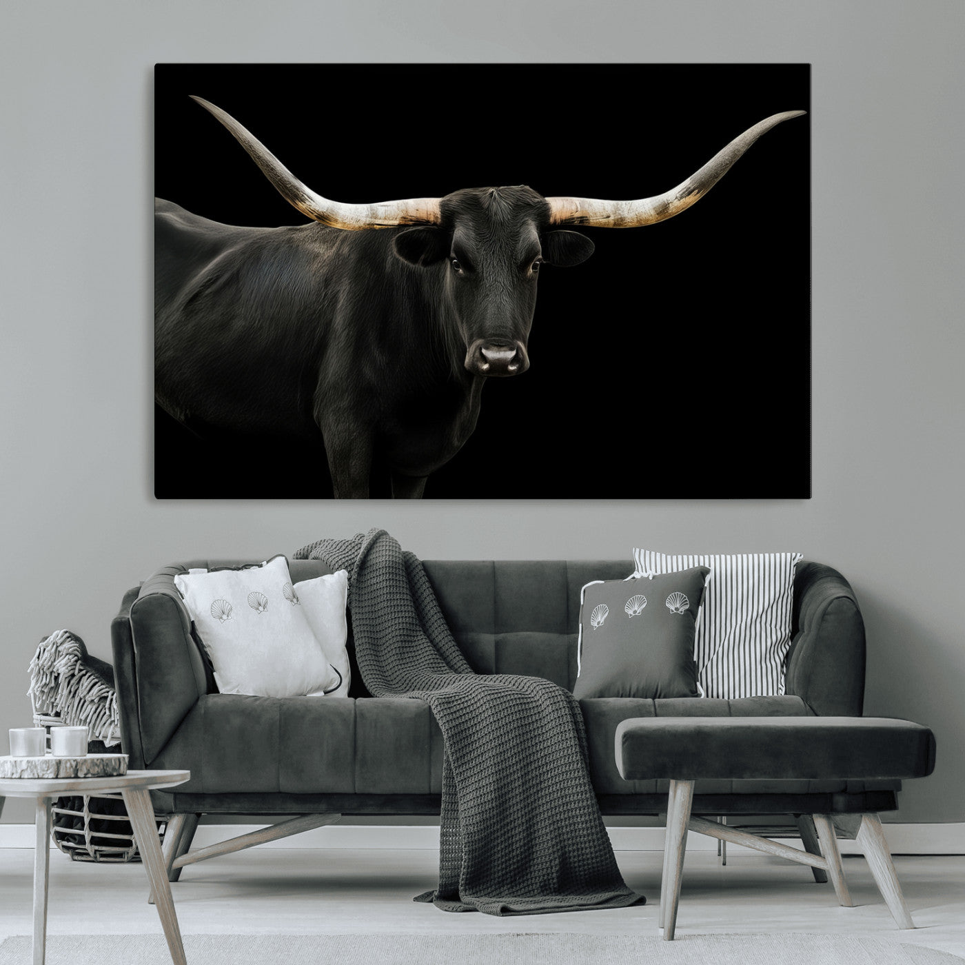 Close-up of a black Texas longhorn with large curved horns on black background, ideal for rustic farmhouse or modern western interiors.