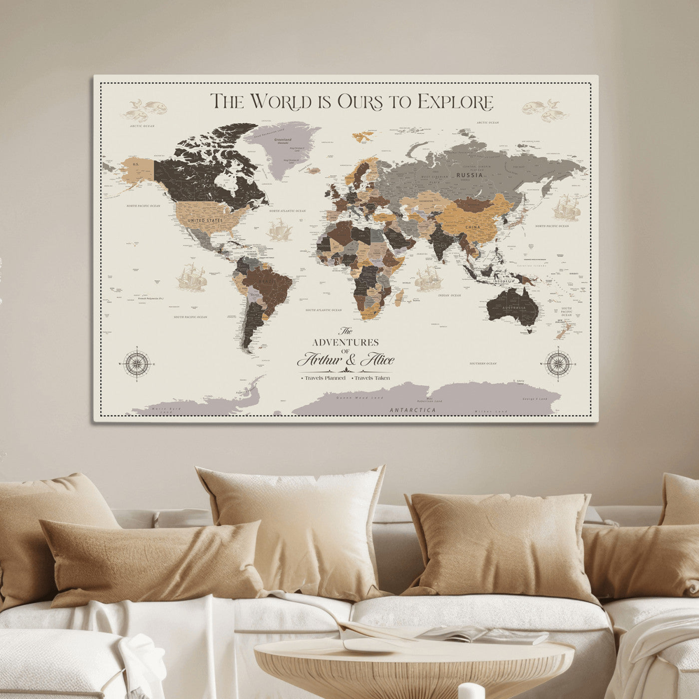 80998319-MGV-CV-36X24-Personalize World Map Push Pin Wall Canvas Print – Personalized Travel Tracker with Pins – Framed Large Multi-Size Canvas for Home Office Decor