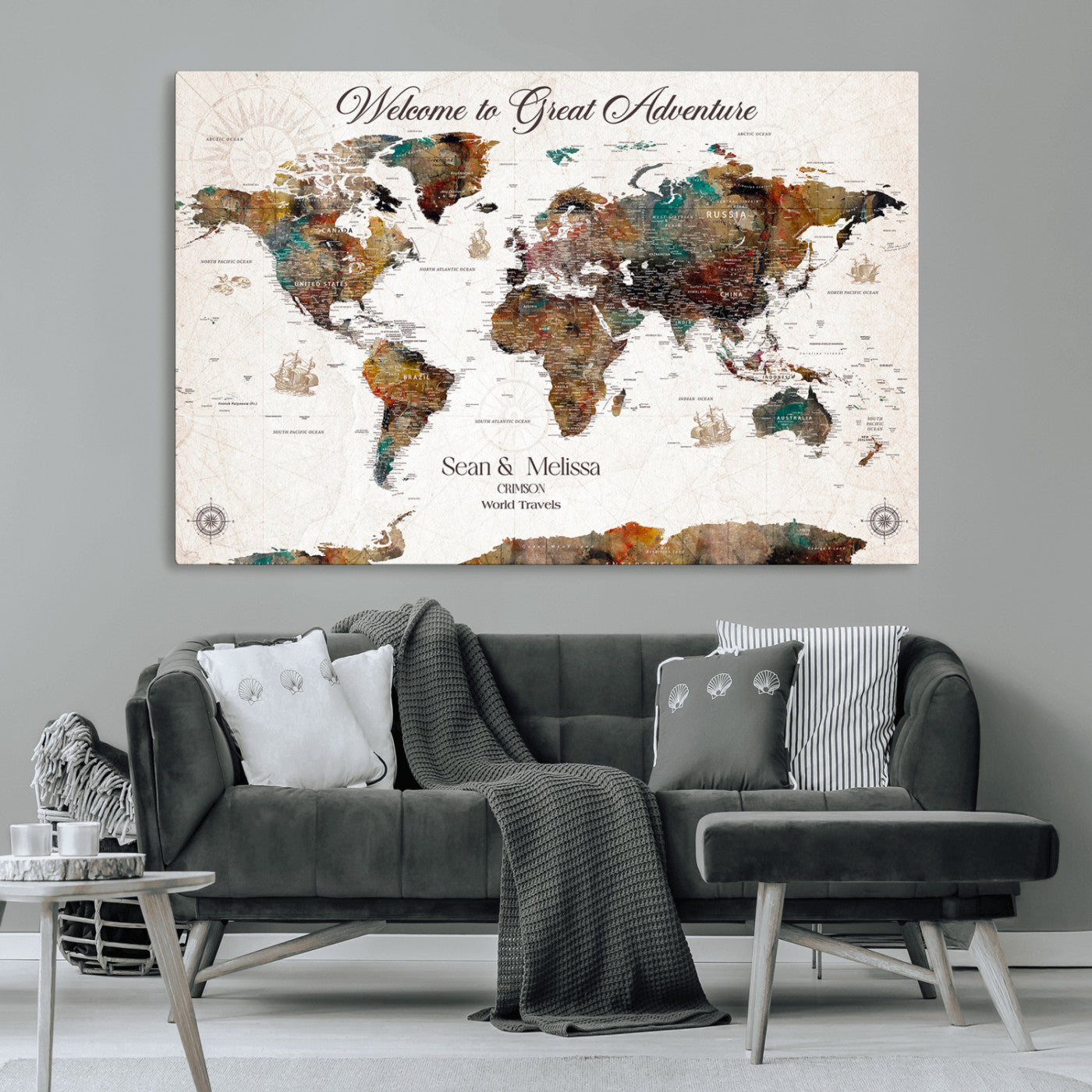 92462592-MGV-CV-36X24-Customize Push Pin World Map Wall Canvas Print – Personalizable Travel World Map with Pins – Framed Personalized Map Print for Couple Gift - H31
