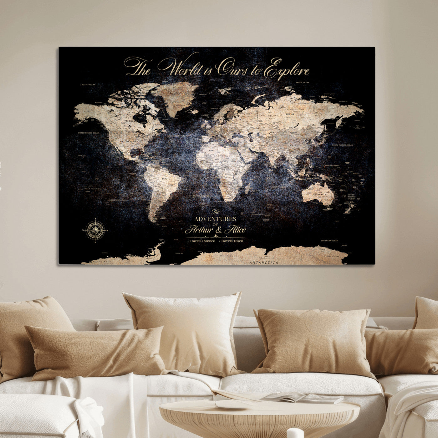 '-Customize Push Pin World Map Wall Canvas Print, Personalized Travel Tracker with Pins, Framed Large Canvas for Home Office Decor - H37
