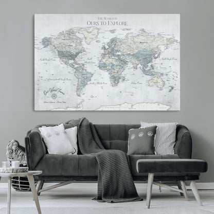 Custom Push Pin World Map Wall Canvas Print – Personalized Travel Tracker with Pins – Framed Custom Quotie Canvas for Home Office Decor