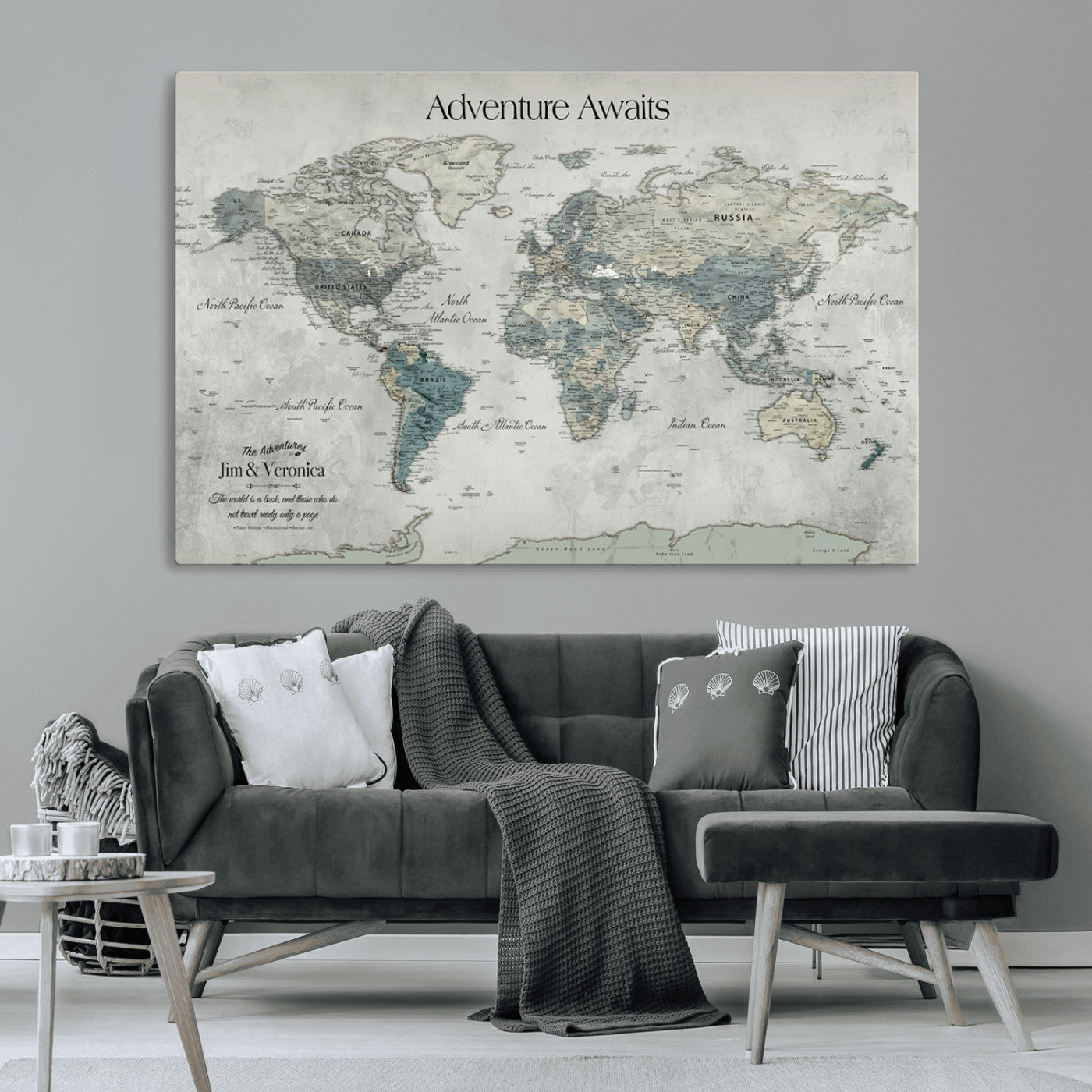 Customize Push Pin World Map Wall Canvas Print – Personalized Travel Tracker with Pins – Framed Custom Quotie Canvas for Home Office Decor