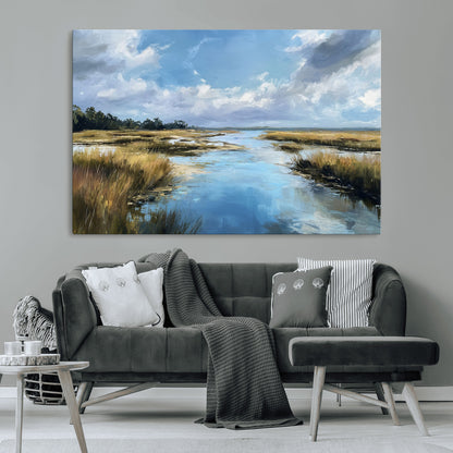A beautiful, painterly landscape of a calm river winding through a marsh, with vibrant green grasses and a bright blue sky filled with fluffy clouds.