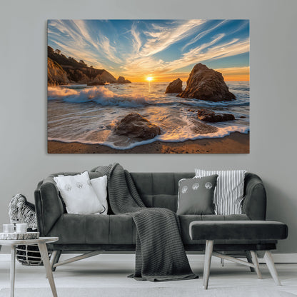 Rocky Ocean Sunset Wall Art Print, Seaside Canvas Wall Art, Dramatic Seascape Canvas Print for Coastal Modern Decor, Ocean Sunset Art Printing