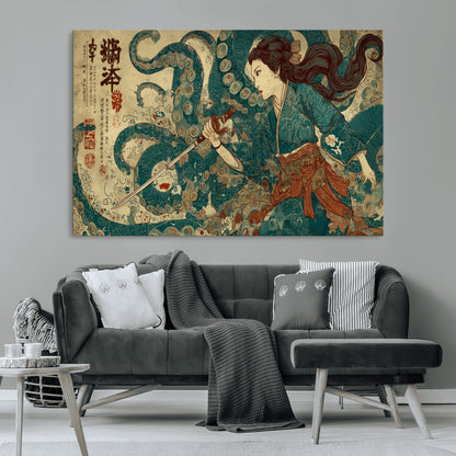 Tsukioka Yoshitoshi Samurai Wall Art Print, Japanese Katana Warrior Canvas Wall Art, Octopus Sea Monster Canvas Print,