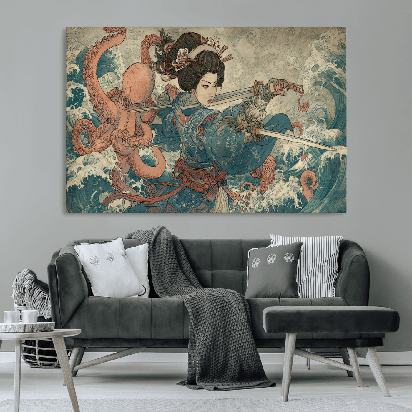 Tsukioka Yoshitoshi Samurai Wall Art Print, Japanese Katana Warrior Canvas Wall Art, Octopus Sea Monster Canvas Print,