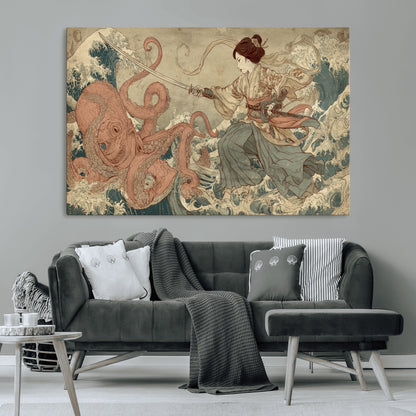 Tsukioka Yoshitoshi Samurai Wall Art Print, Japanese Katana Warrior Canvas Wall Art, Octopus Sea Monster Canvas Print,