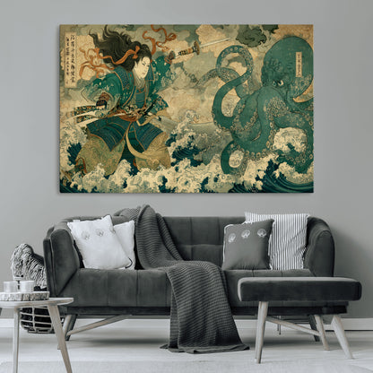 Tsukioka Yoshitoshi Samurai Wall Art Print, Japanese Katana Warrior Canvas Wall Art, Octopus Sea Monster Canvas Print,