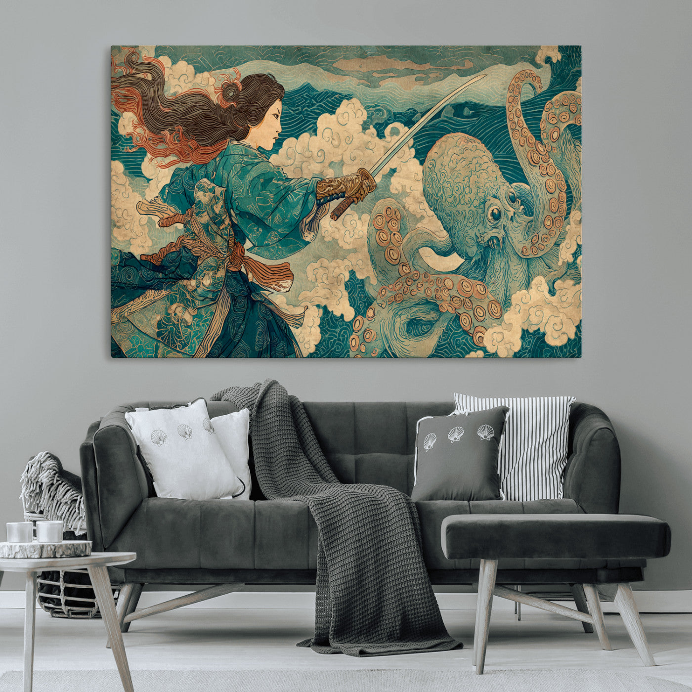 Tsukioka Yoshitoshi Samurai Wall Art Print, Japanese Katana Warrior Canvas Wall Art, Octopus Sea Monster Canvas Print,