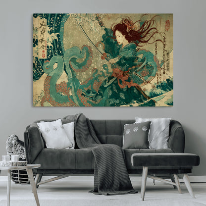Tsukioka Yoshitoshi Samurai Wall Art Print, Japanese Katana Warrior Canvas Wall Art, Octopus Sea Monster Canvas Print,