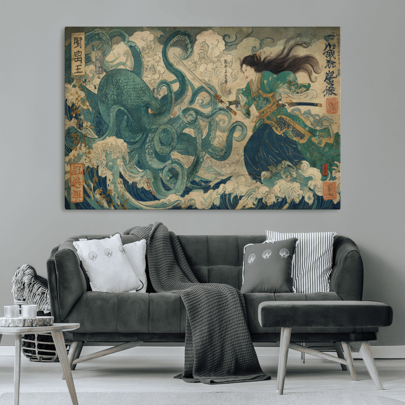 Tsukioka Yoshitoshi Samurai Wall Art Print, Japanese Katana Warrior Canvas Wall Art, Octopus Sea Monster Canvas Print,
