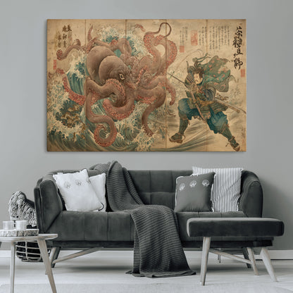 Tsukioka Yoshitoshi Samurai Wall Art Print, Japanese Katana Warrior Canvas Wall Art, Octopus Sea Monster Canvas Print,