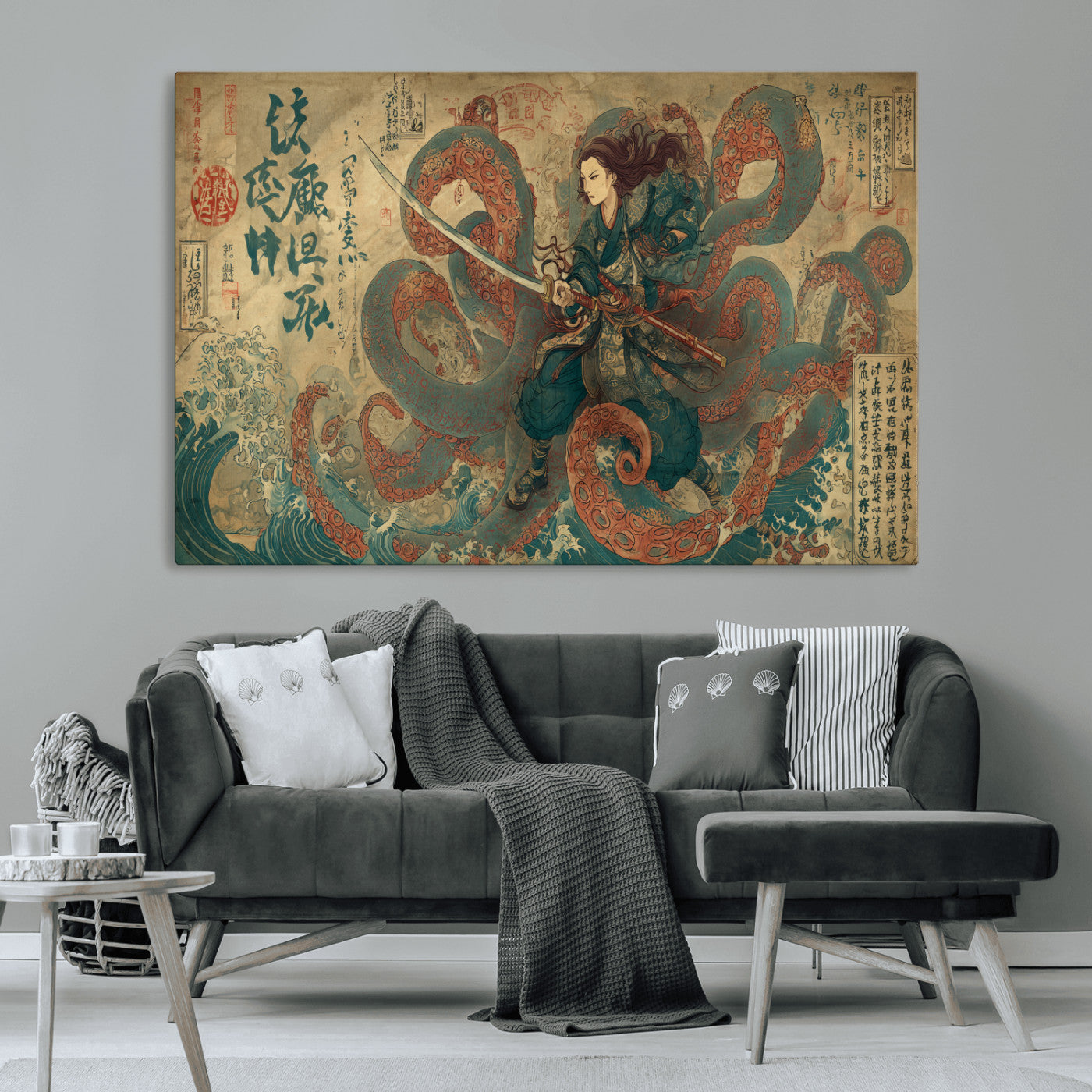 Tsukioka Yoshitoshi Samurai Wall Art Print, Japanese Katana Warrior Canvas Wall Art, Octopus Sea Monster Canvas Print,