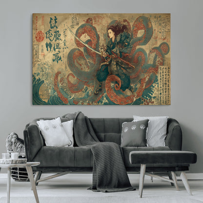 Tsukioka Yoshitoshi Samurai Wall Art Print, Japanese Katana Warrior Canvas Wall Art, Octopus Sea Monster Canvas Print,