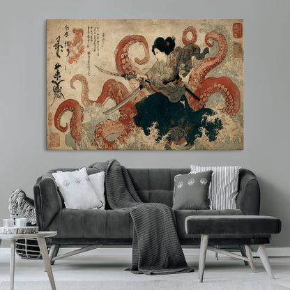 Tsukioka Yoshitoshi Samurai Wall Art Print, Japanese Katana Warrior Canvas Wall Art, Octopus Sea Monster Canvas Print,