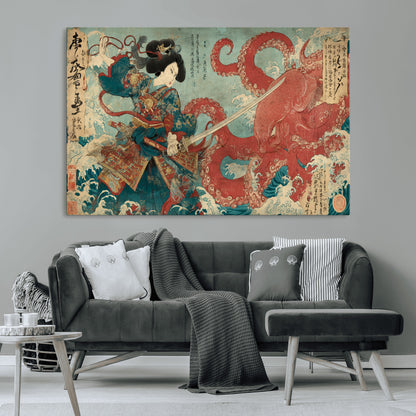 Tsukioka Yoshitoshi Samurai Wall Art Print, Japanese Katana Warrior Canvas Wall Art, Octopus Sea Monster Canvas Print,