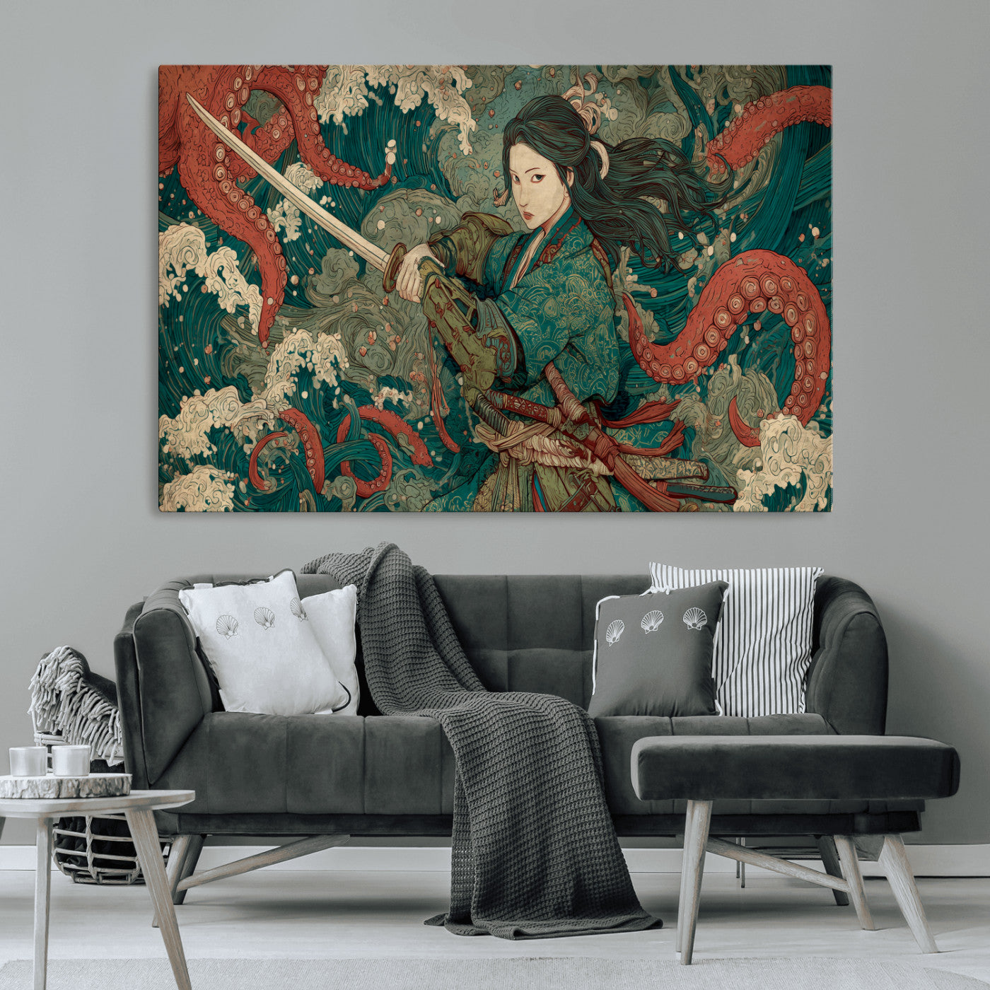 Tsukioka Yoshitoshi Samurai Wall Art Print, Japanese Katana Warrior Canvas Wall Art, Octopus Sea Monster Canvas Print,