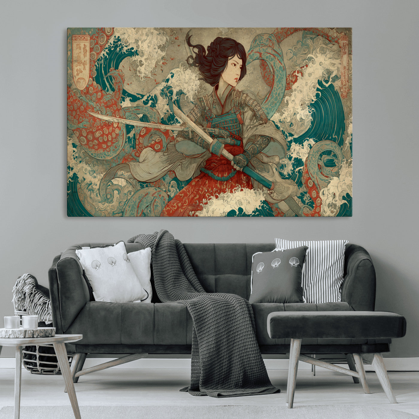 Tsukioka Yoshitoshi Samurai Wall Art Print, Japanese Katana Warrior Canvas Wall Art, Octopus Sea Monster Canvas Print,