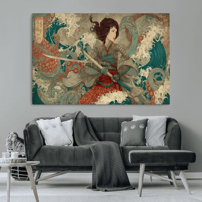Tsukioka Yoshitoshi Samurai Wall Art Print, Japanese Katana Warrior Canvas Wall Art, Octopus Sea Monster Canvas Print,