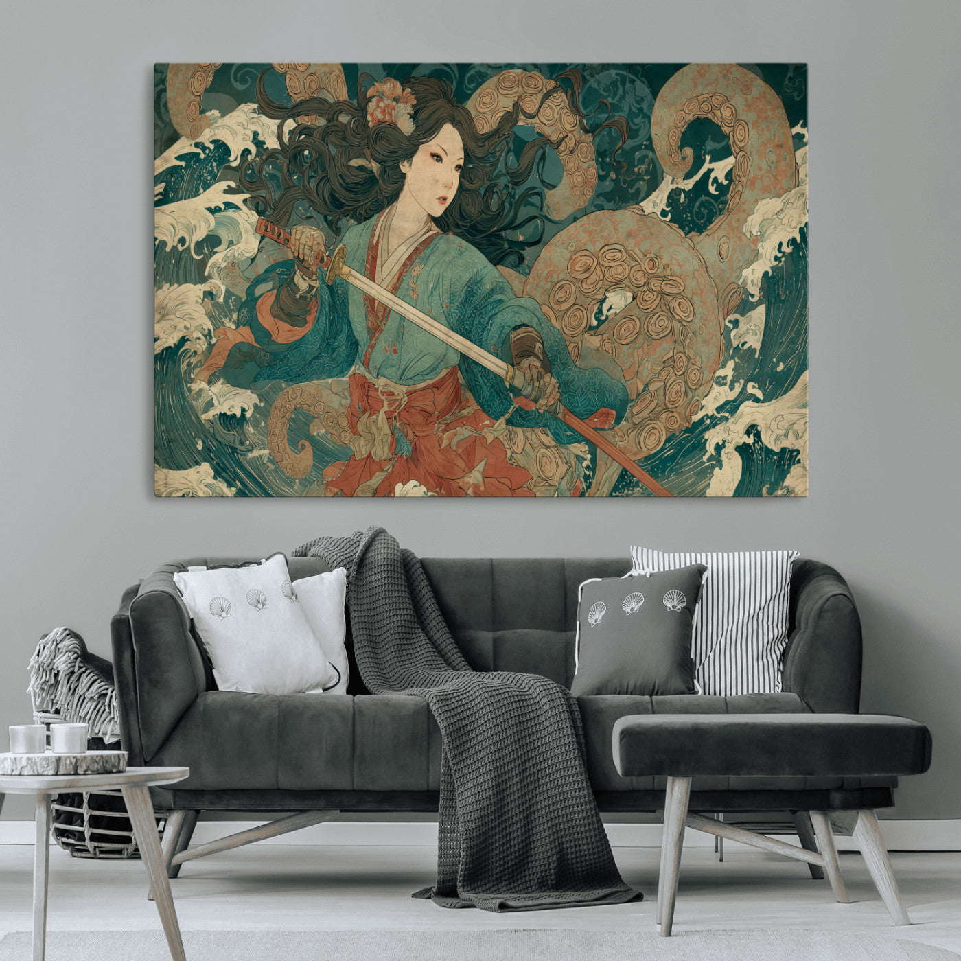 Tsukioka Yoshitoshi Samurai Wall Art Print, Japanese Katana Warrior Canvas Wall Art, Octopus Sea Monster Canvas Print,