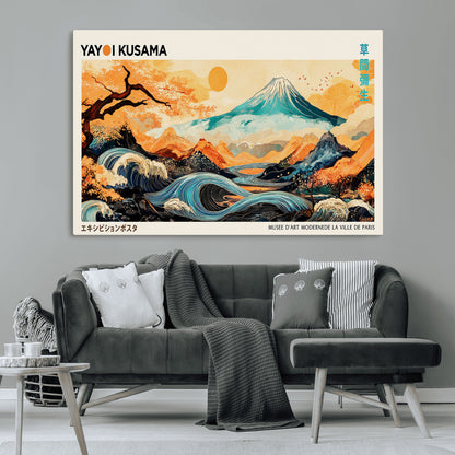 Modern Japanese-style art print featuring a stylized Mount Fuji, flowing waves, and vibrant landscapes in bold colors, inspired by traditional and contemporary aesthetics.
