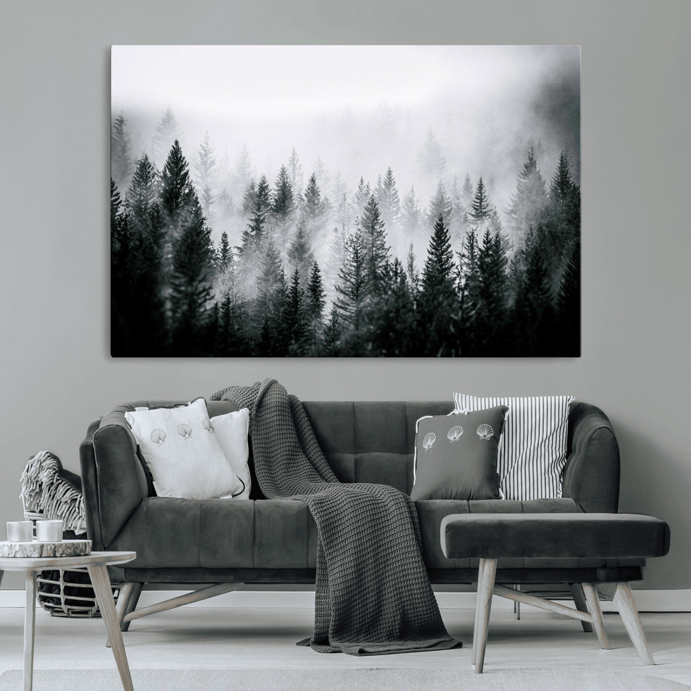Foggy Pine Forest Canvas Wall Art – Black and White Nature Landscape Print, Horizontal Canvas for Modern, Rustic, or Minimalist Home and Office Decor
