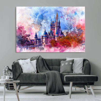 Watercolor canvas of a dreamy Disney-style castle in pastel pink and blue tones, perfect for fairytale or whimsical home decor.