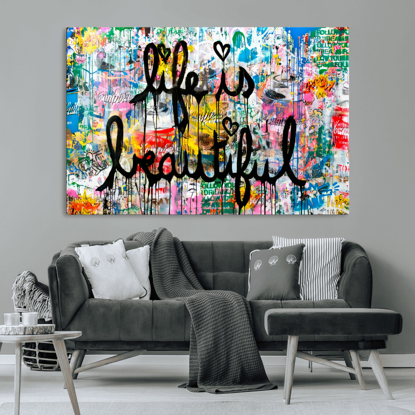 Colorful urban-style canvas with graffiti text “Life is Beautiful” in black paint, ideal for bold or street-themed home decor.