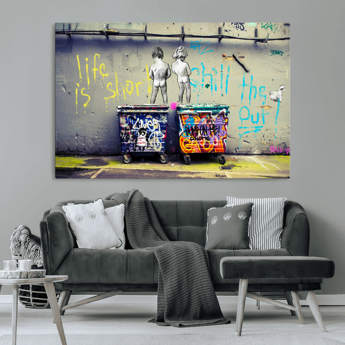 Graffiti-style canvas art with bold text and two naked figures over urban dumpsters, ideal for edgy or street-style decor.