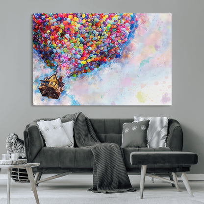 Whimsical canvas of the house from the movie Up flying with colorful balloons, ideal for Pixar or animation-themed decor.