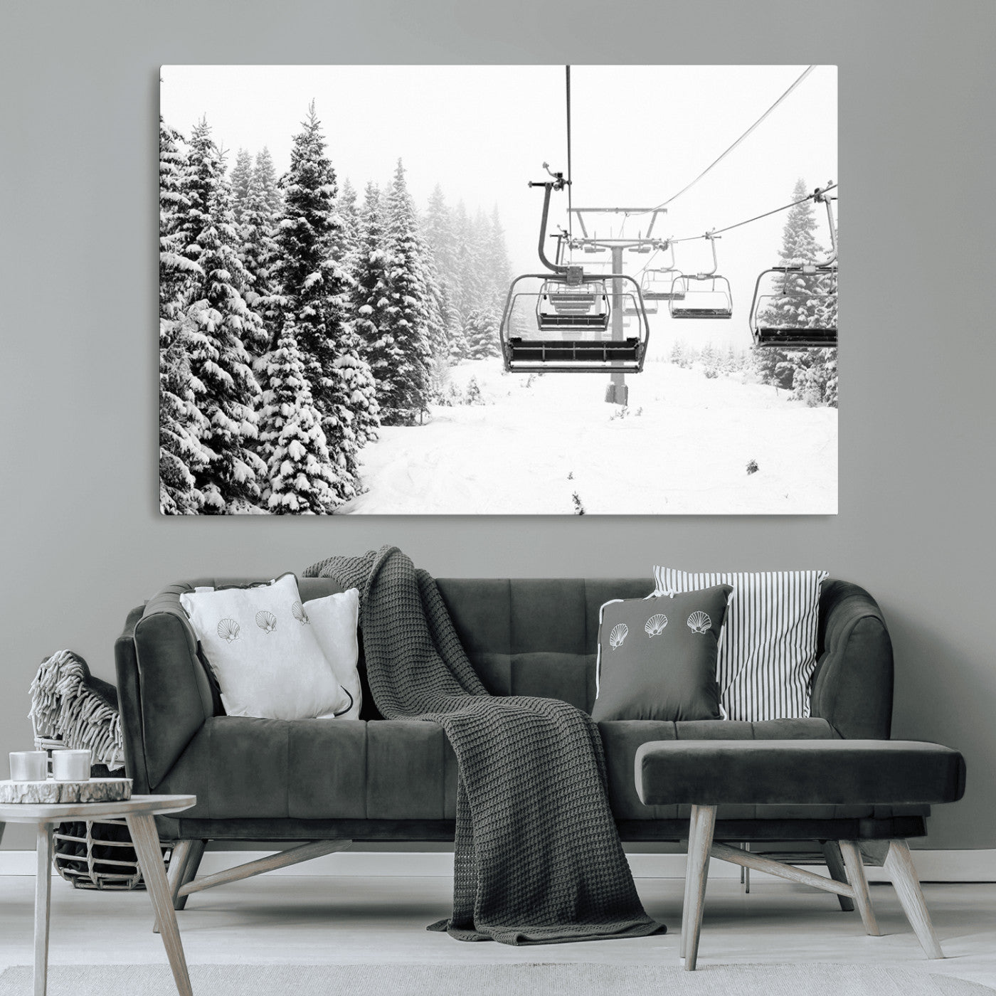 Black and white canvas of empty ski lifts over a snowy pine forest, perfect for minimal winter or ski lodge-inspired decor.