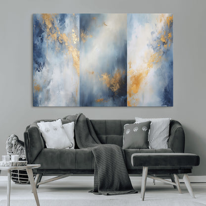 Abstract canvas art in soft blue and gold tones with textured brushstrokes, ideal for elegant or modern neutral decor spaces.