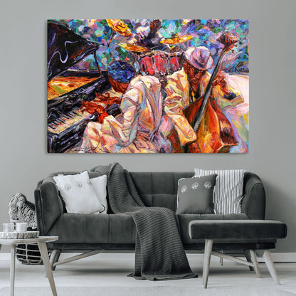 Vibrant oil painting of a jazz band with piano, saxophone, and bass, ideal for colorful and expressive music-themed home decor.